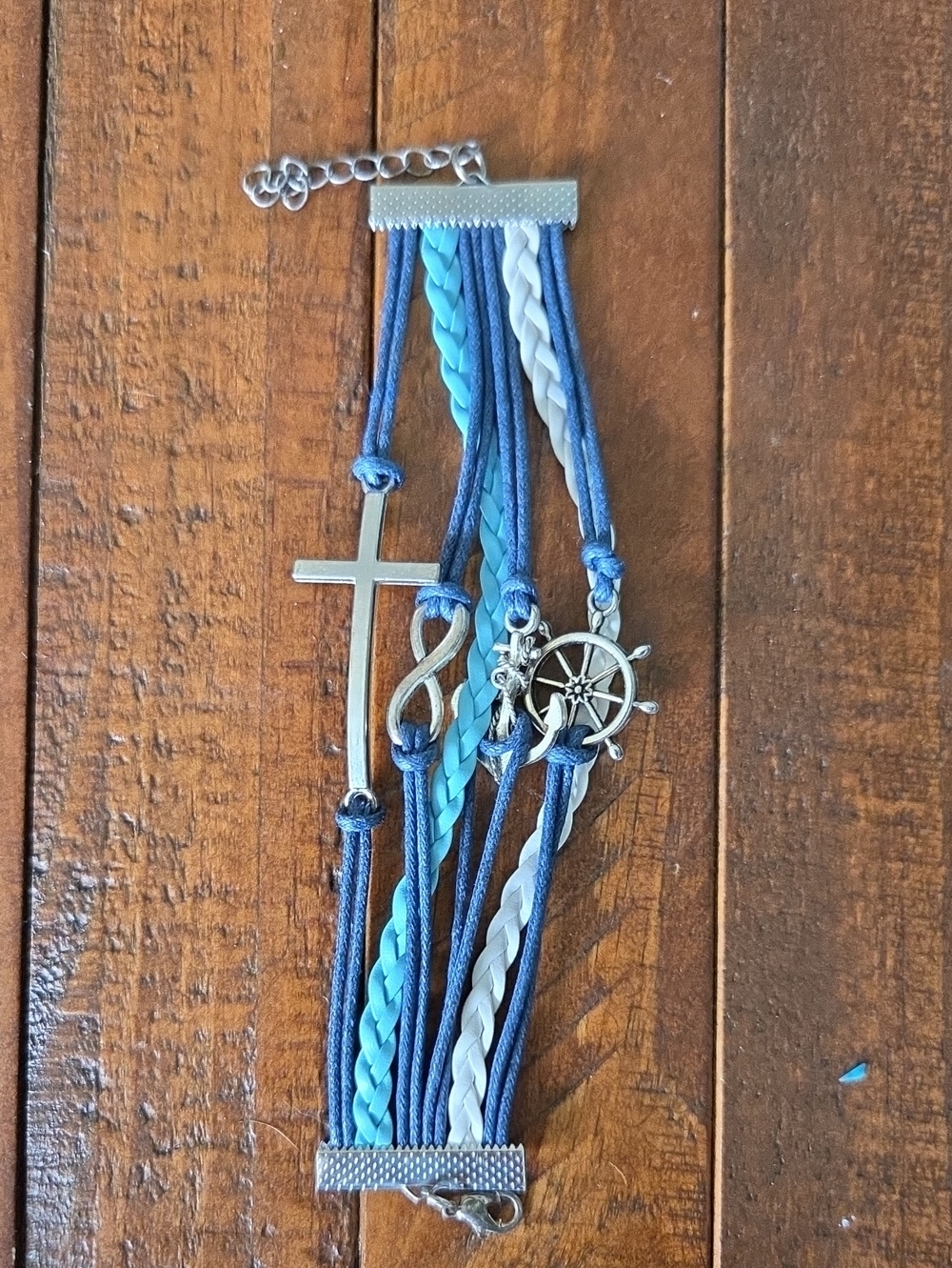Blue Multi-Strand Bracelet with Cross & Anchor Charms Ocean Theme  Cruise